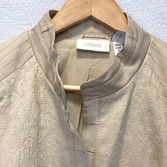 Chico's Size 2 (Large 12) Textured Open Front Jacket Tan Beige Cuffed 3/4 Sleeve - Picture 5 of 16